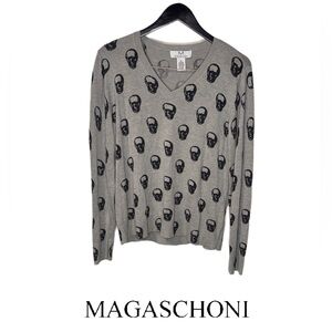 Magaschoni Gray and Black Skull V-Neck Sweater